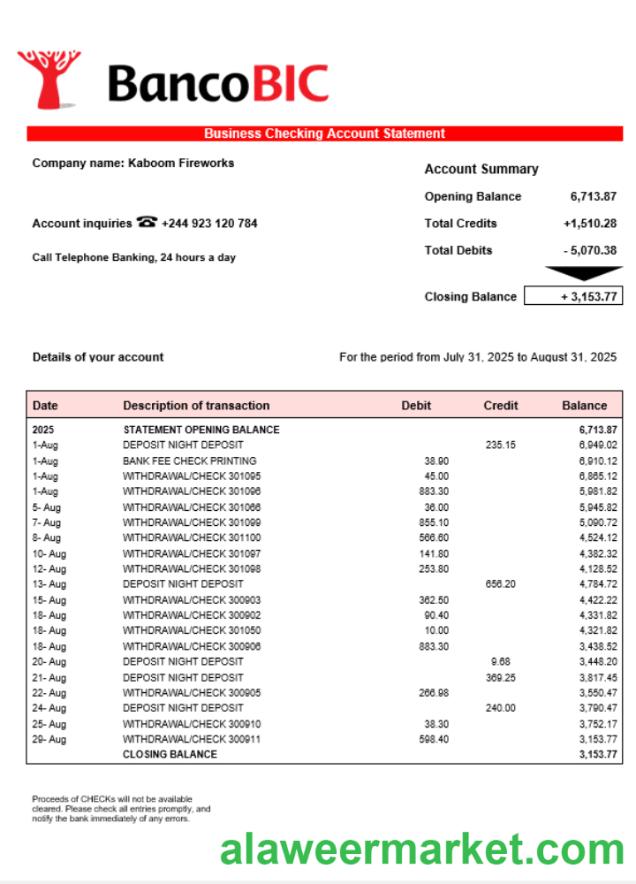 Banco BIC business account statement Word and PDF template